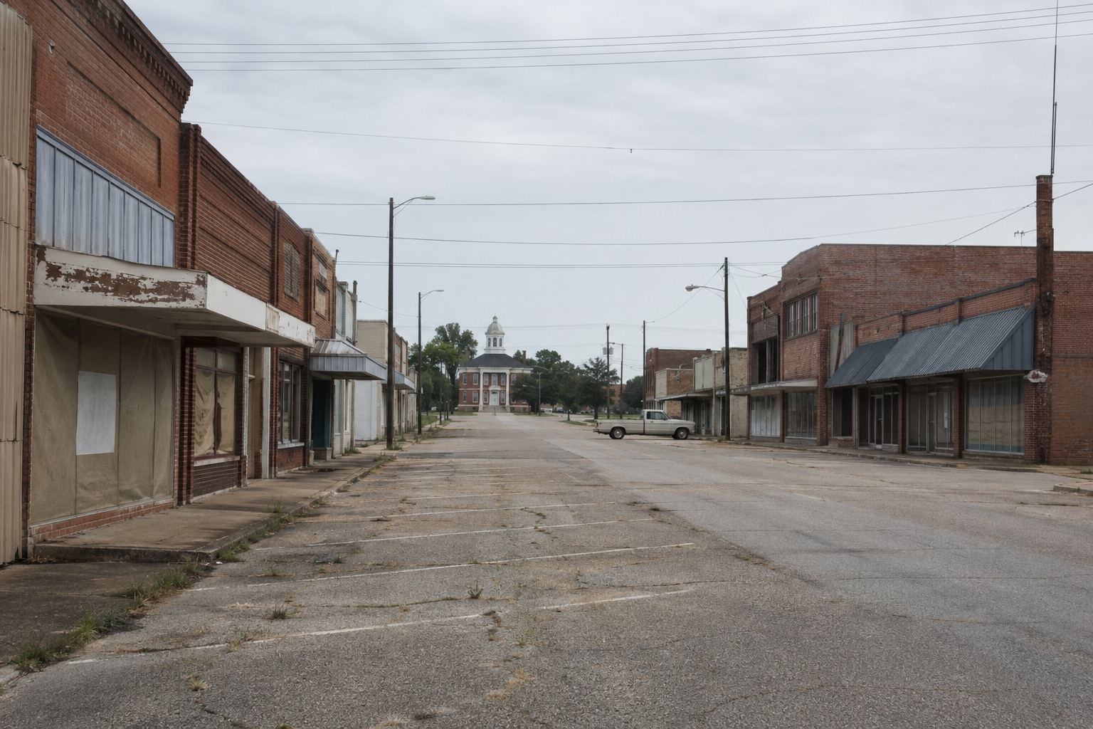 A row of vacant storefronts on a small-town main street in the Black Belt, with a courthouse dome visible at the end of the street.