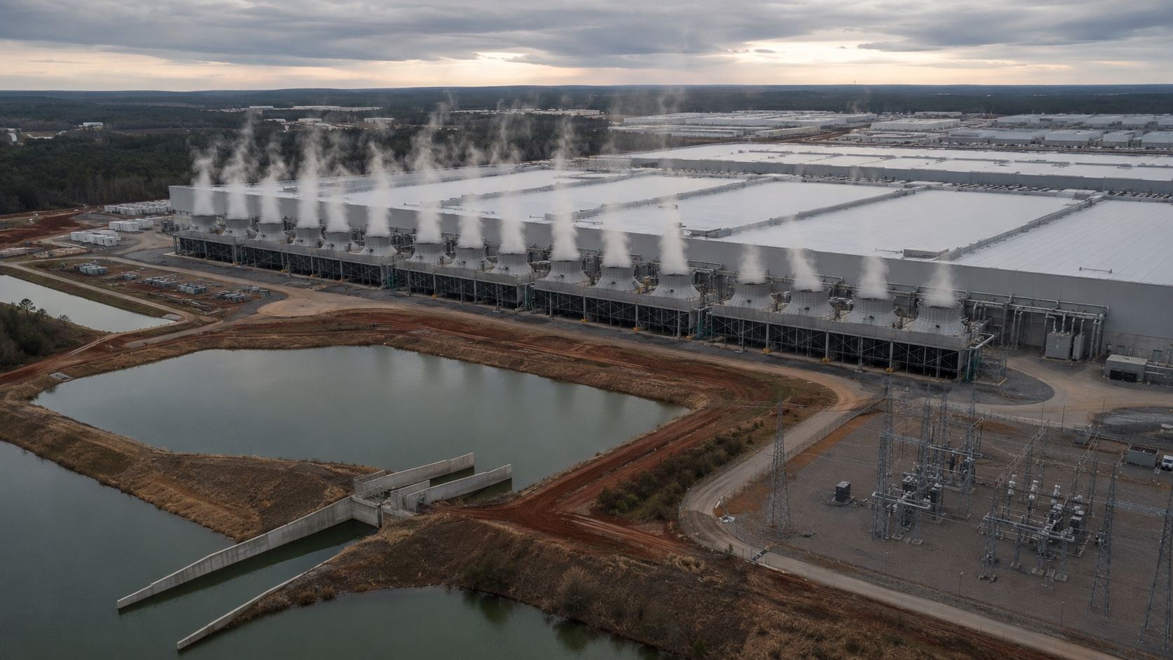 Aerial view of cooling towers releasing vapor at a large data center campus, beside a water retention pond and substation.