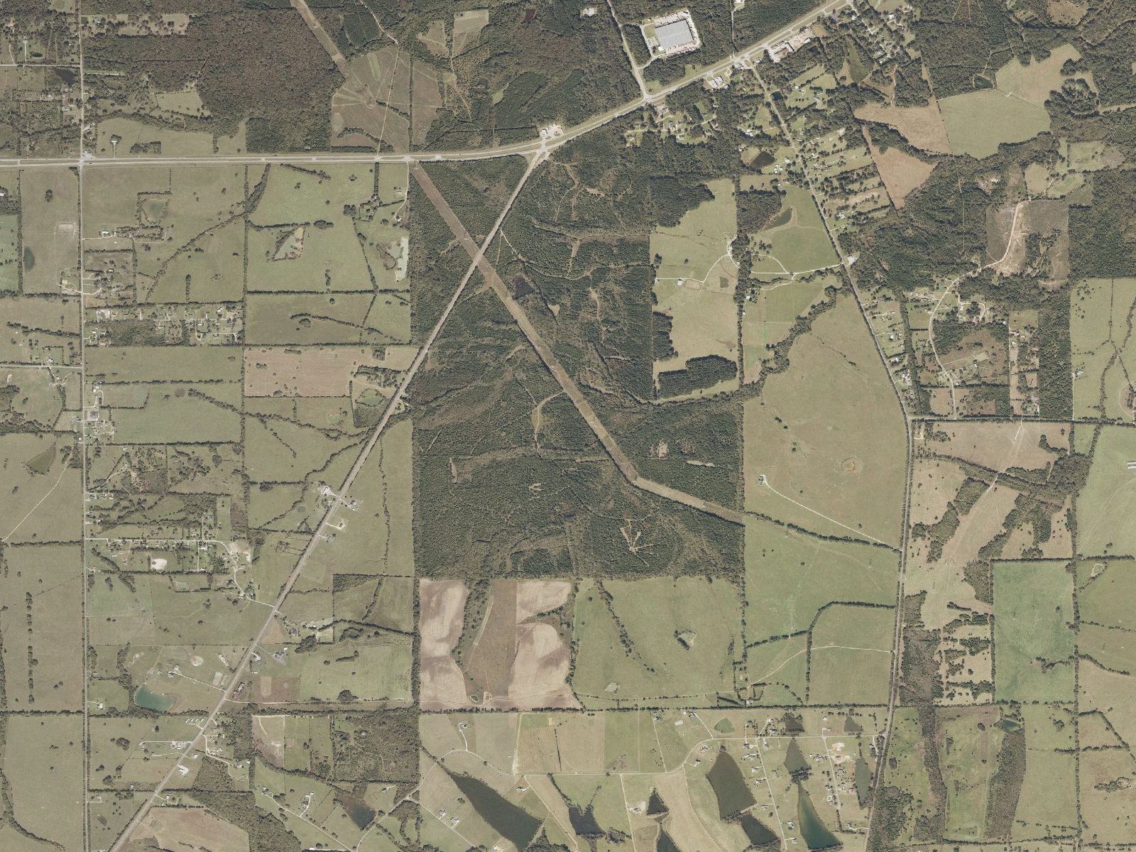 Close USGS aerial imagery of the proposed Project Red Clay parcel at the junction of U.S. Highway 80 and Alabama Highway 21, roughly a mile and a half across.